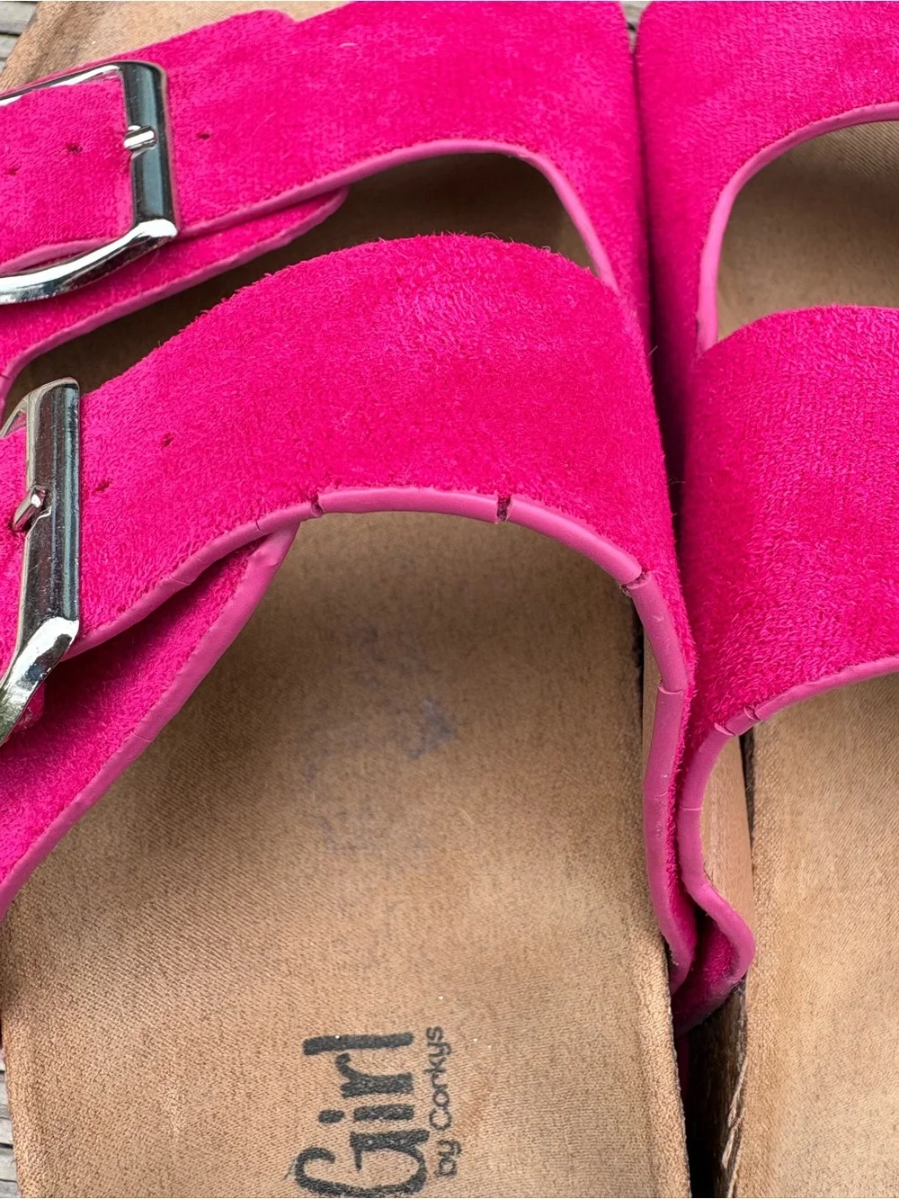 Corkys Hot Pink Double Buckle Suede Slide Sandals - Picture 4 of 5